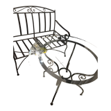 Table in wrought iron and glass, and matching two-seater bench