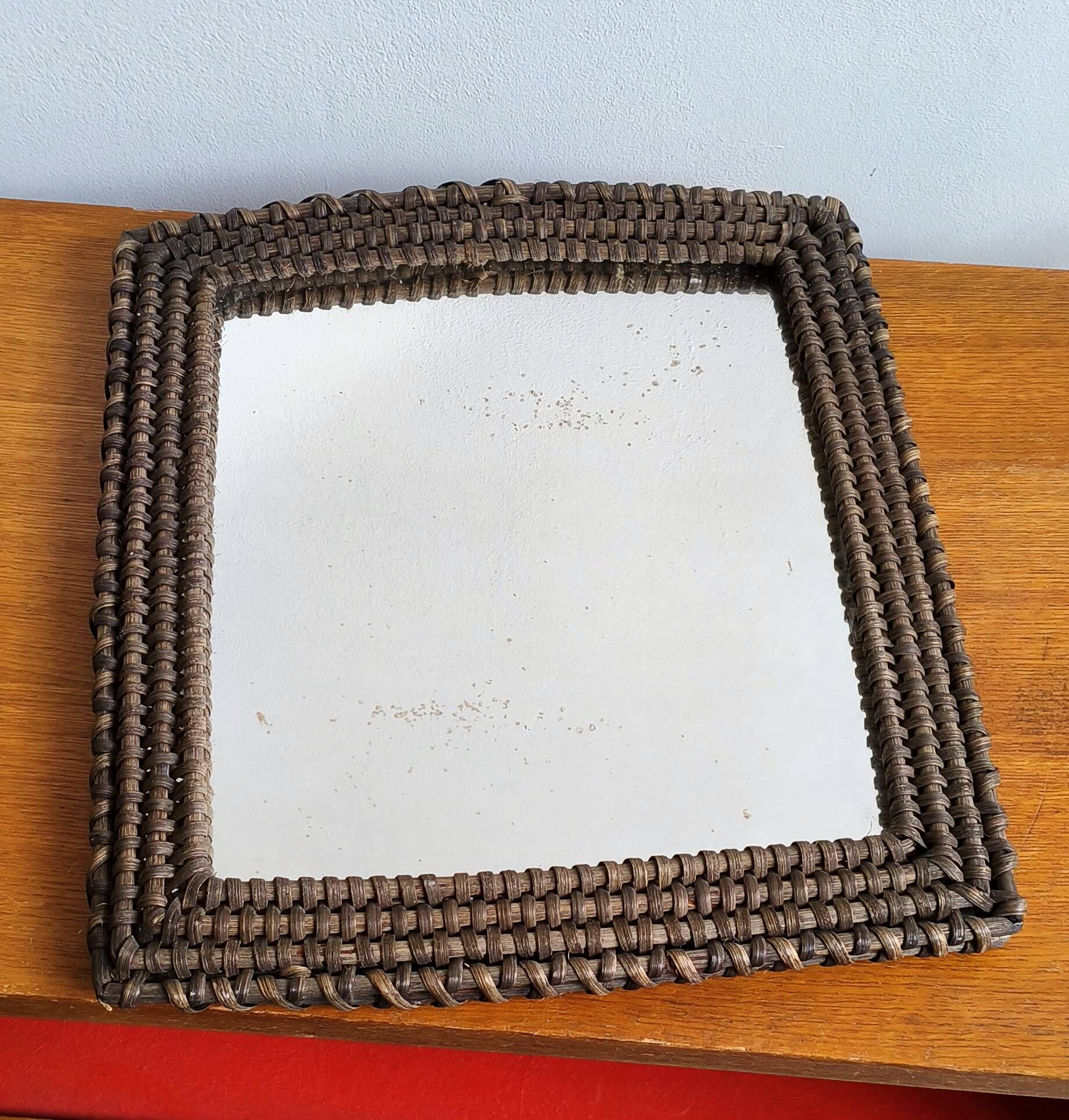 Vintage wicker rattan wall mirror