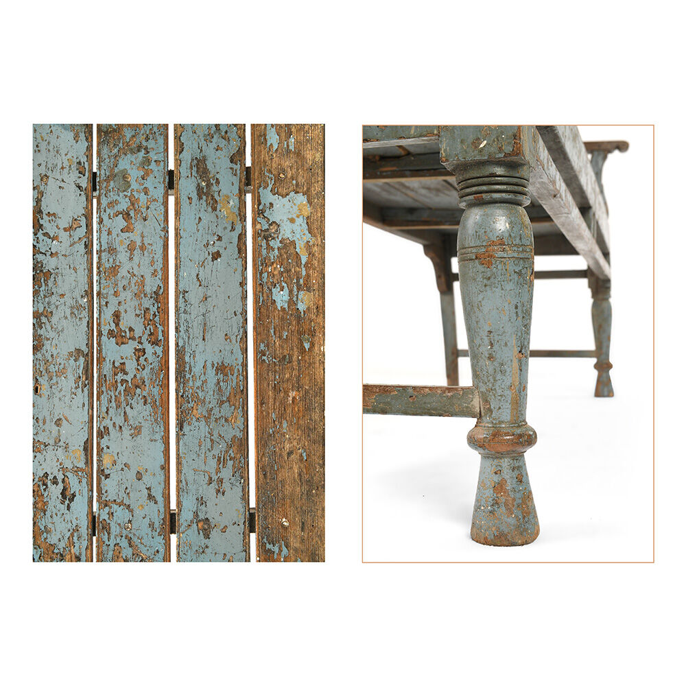 Wooden bench with blue patina