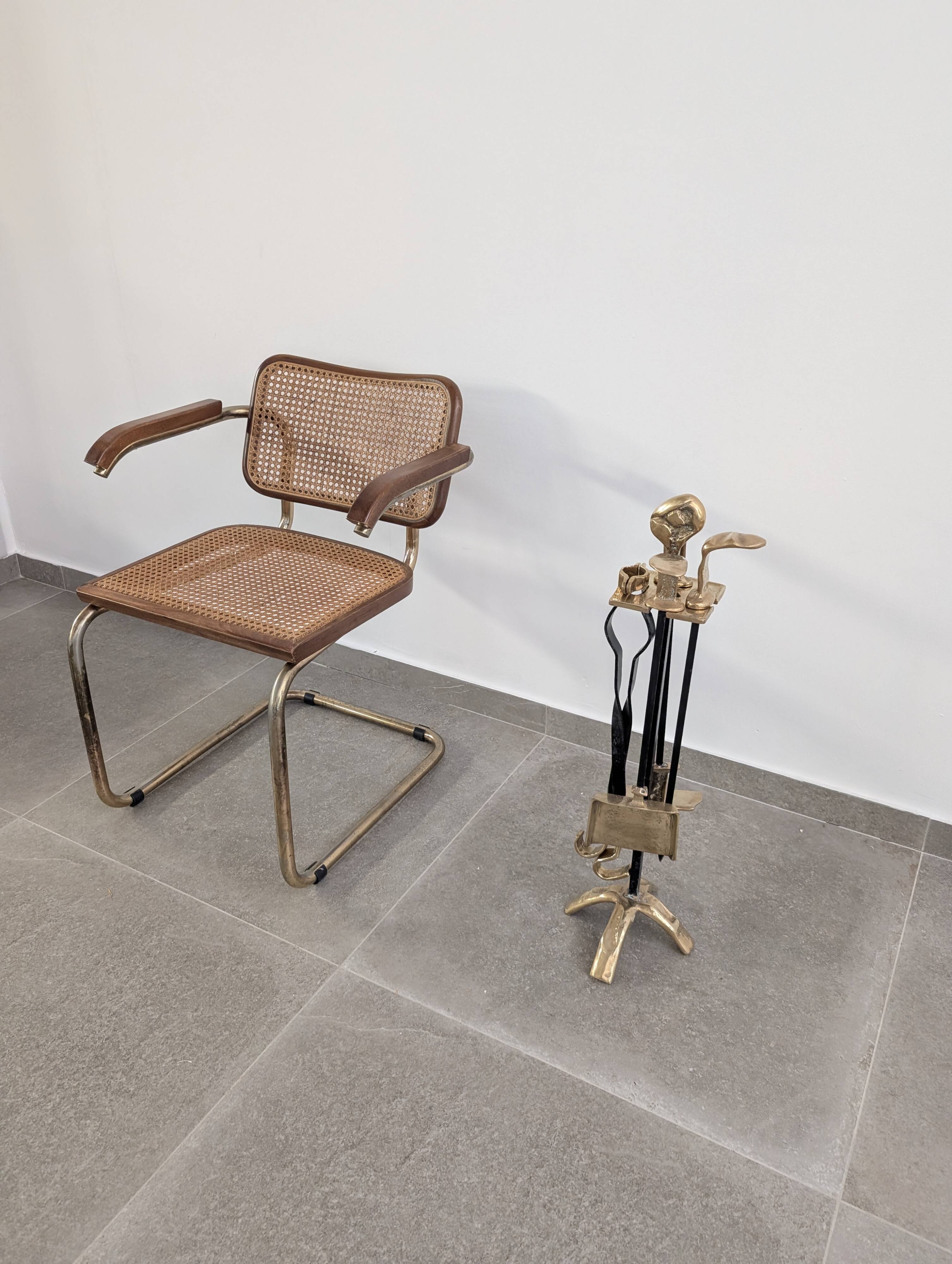 Brutalist iron and brass fireplace set by David Marshall, 1970s