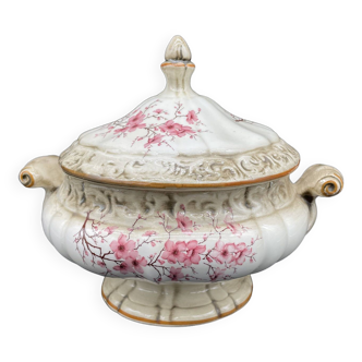 Soupière, porcelaine, barbotine, décor de fleurs, cerisier, rose, branchage marron, décor de table,