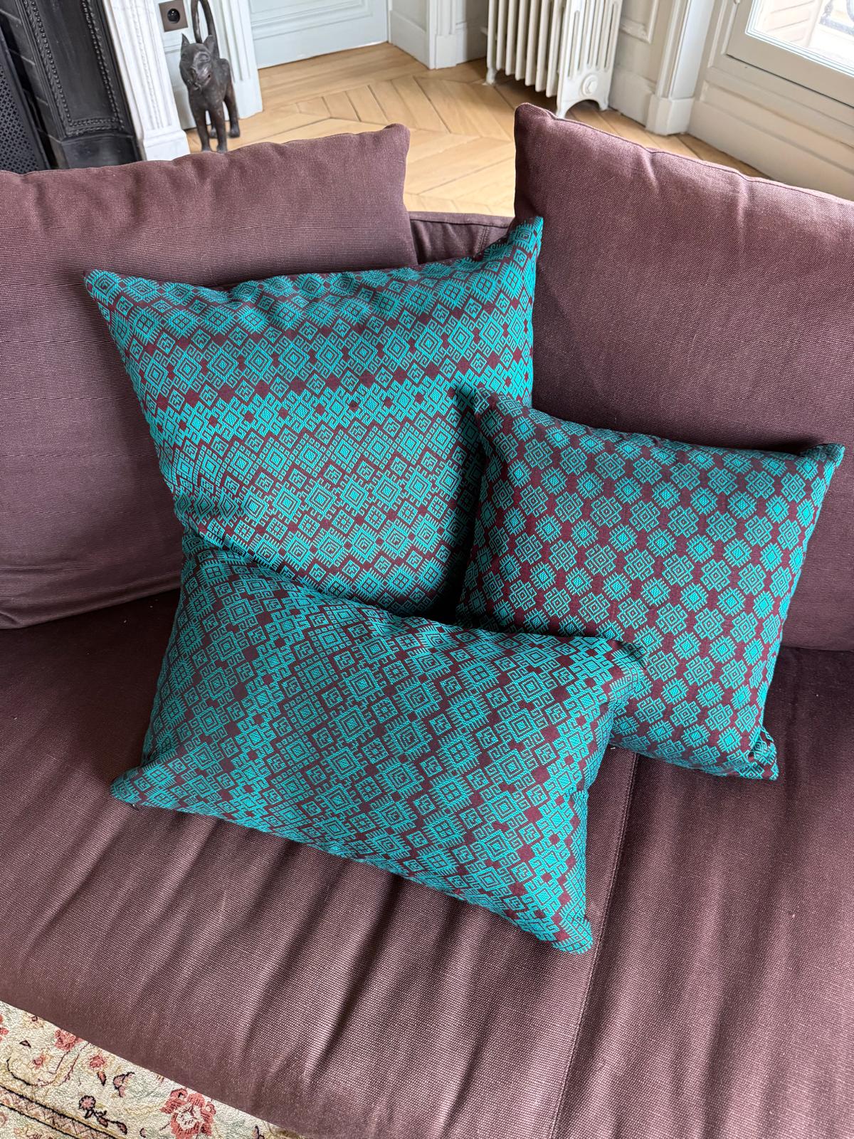 Burgundy and turquoise Kachin cushion cover (RIDA)