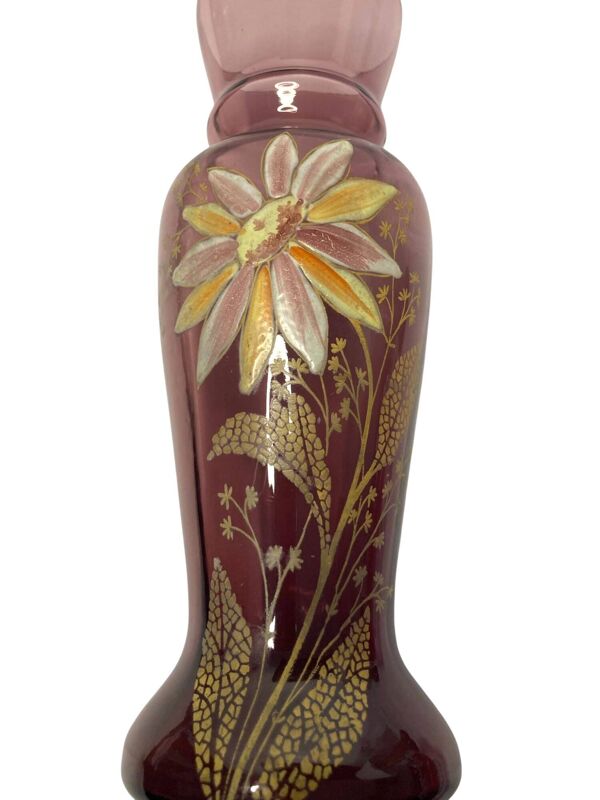 Legras Montjoye, vase violet verre émaillé marguerite vers 1900
