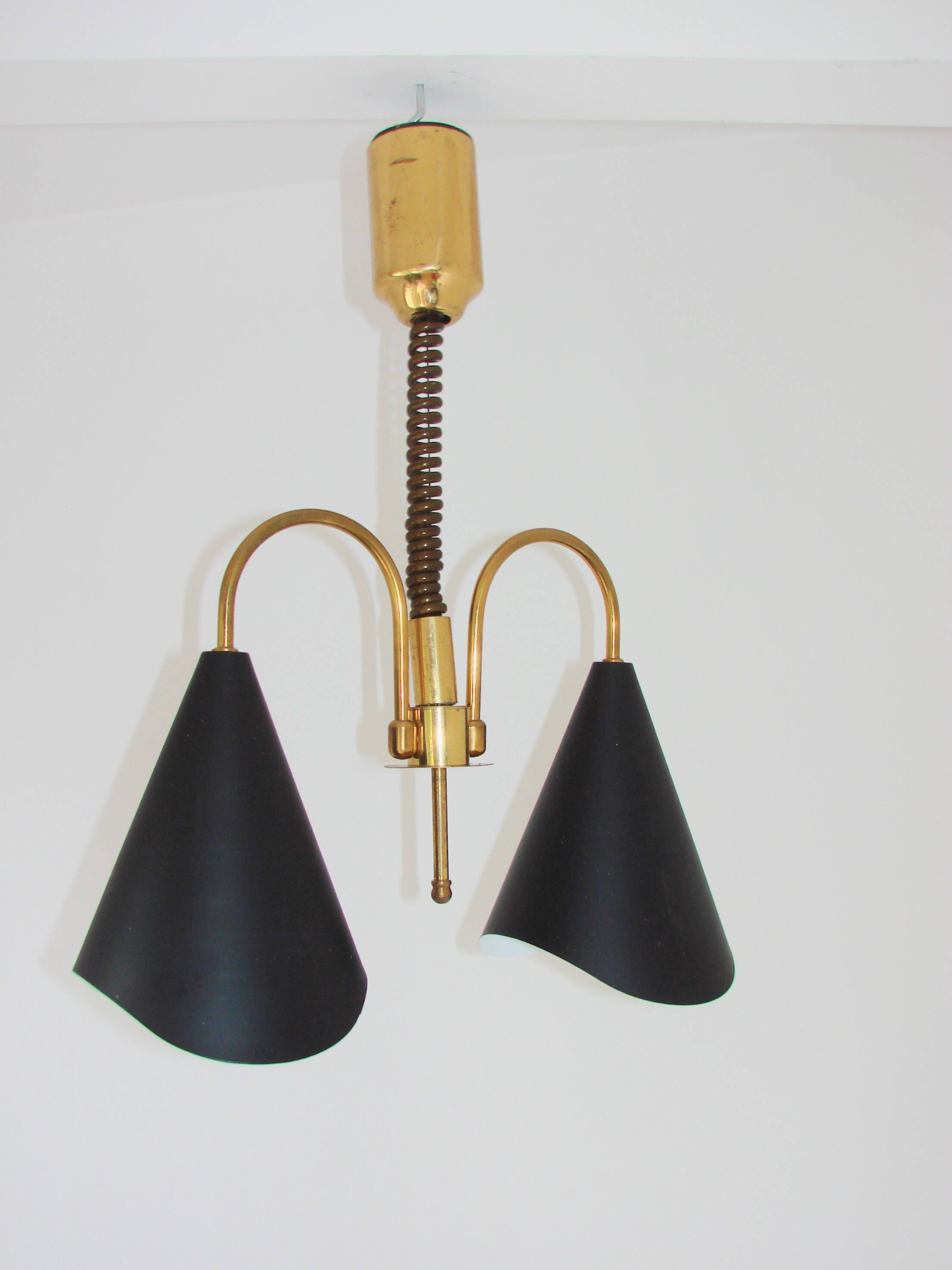 Mid-Century Modern pendant light, brass and metal, 1970s.