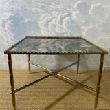 Side table with oxidised metal mirror top on a brass frame, France, 1960s.