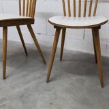 Pair of Baumann Menuet chairs, Honey patina, White vinyl seats