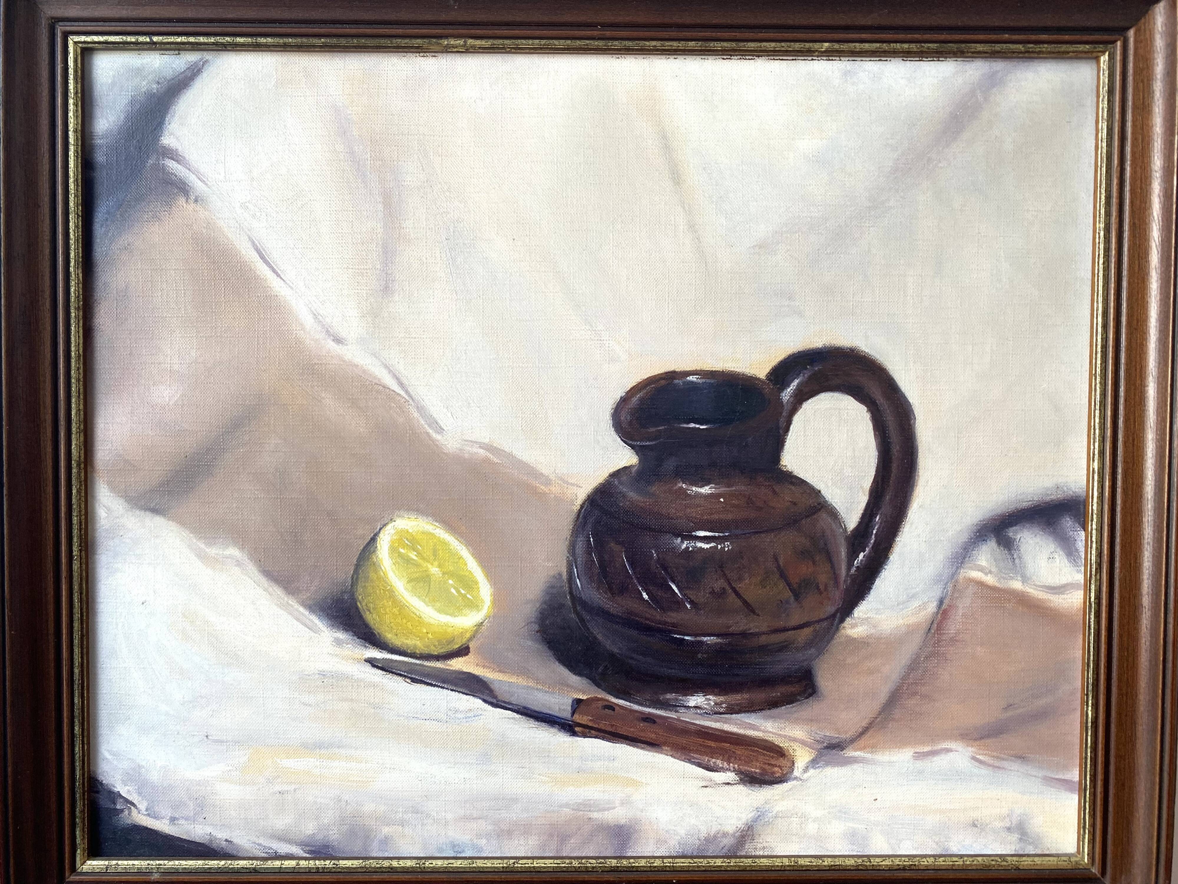 Oil painting still life with vintage lemon