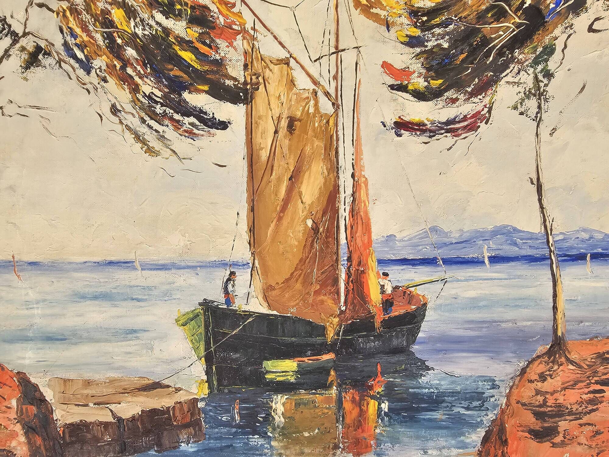 Oil Painting on Canvas Marine Boat at Sea - Signed Jean Corniche 1943
