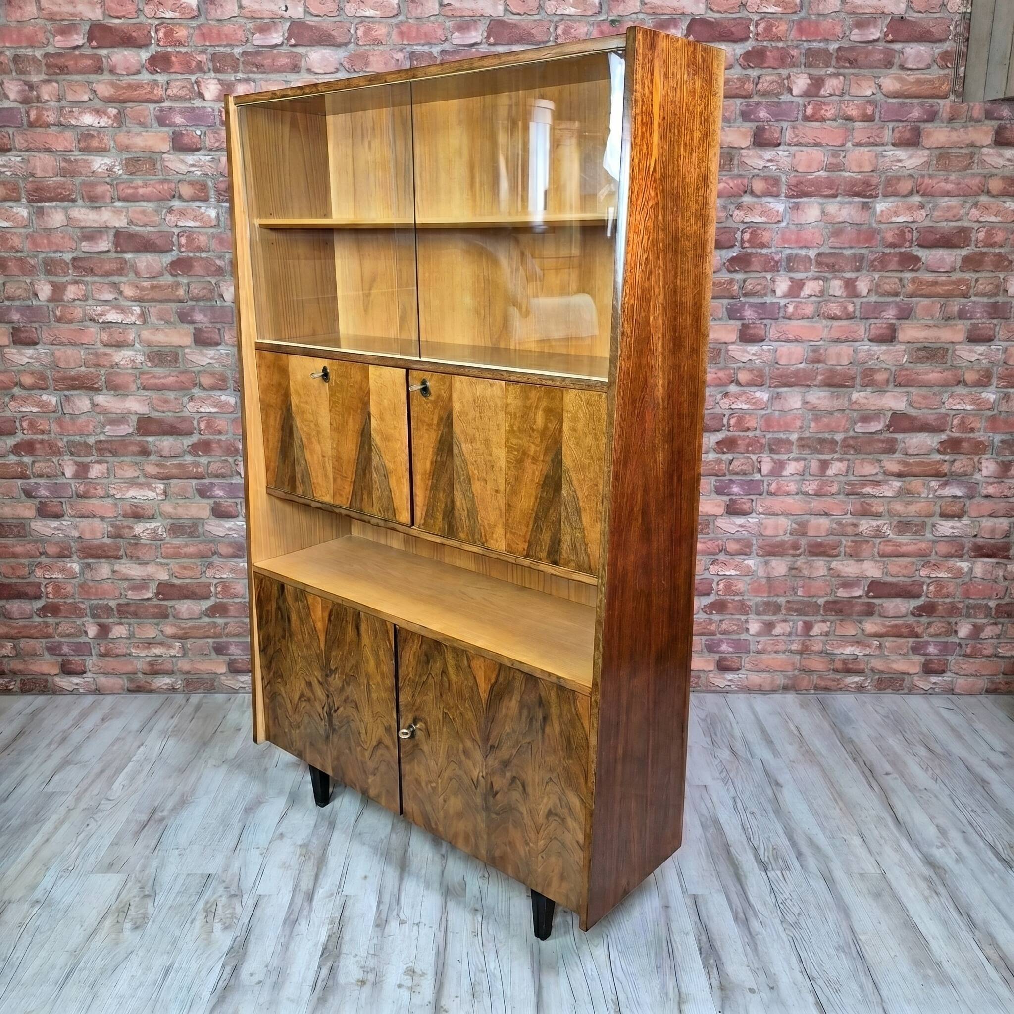 Restored Mid-Century Tapered Highboard Bar Cabinet  in Walnut & Mahogany