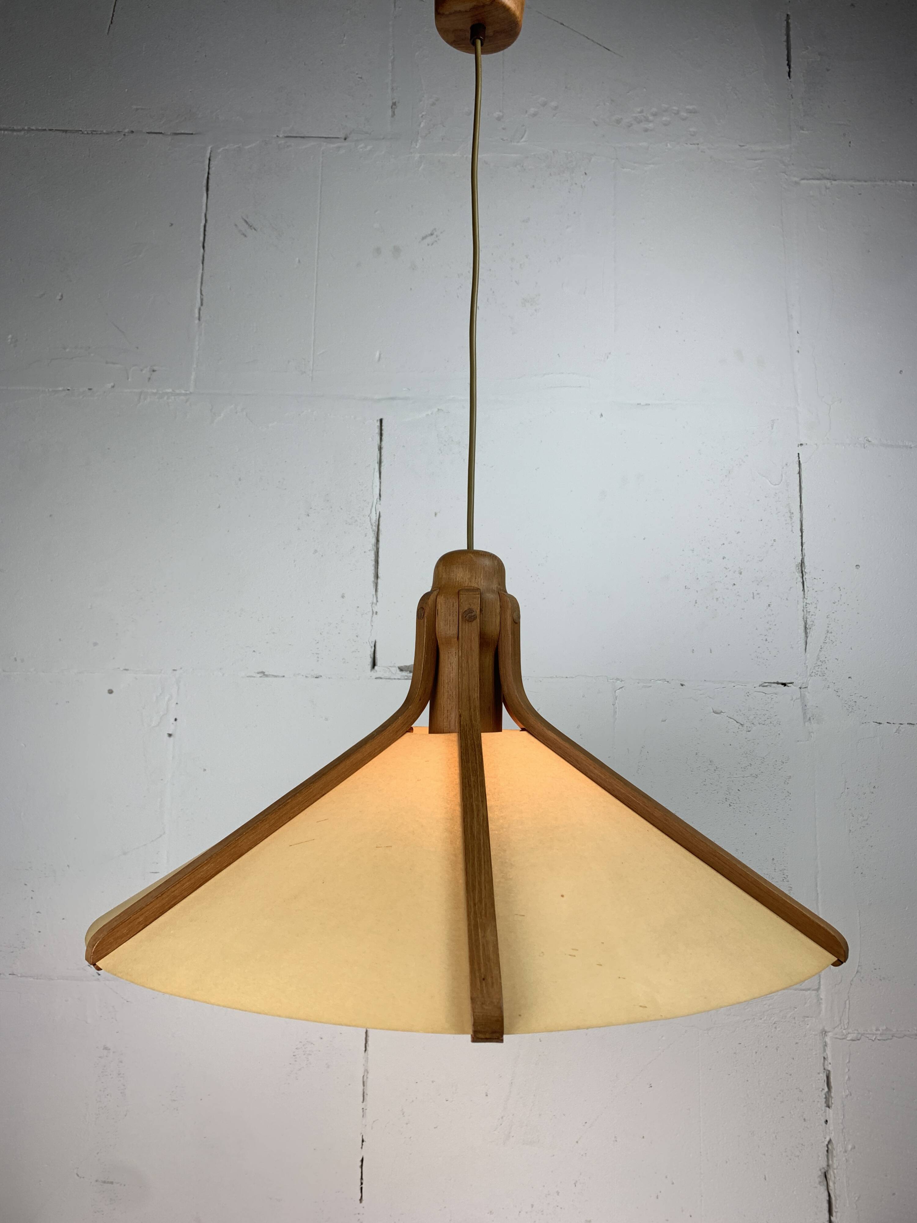 Midcentury teak and perkament pendant by Temde Leuchten, 1970s