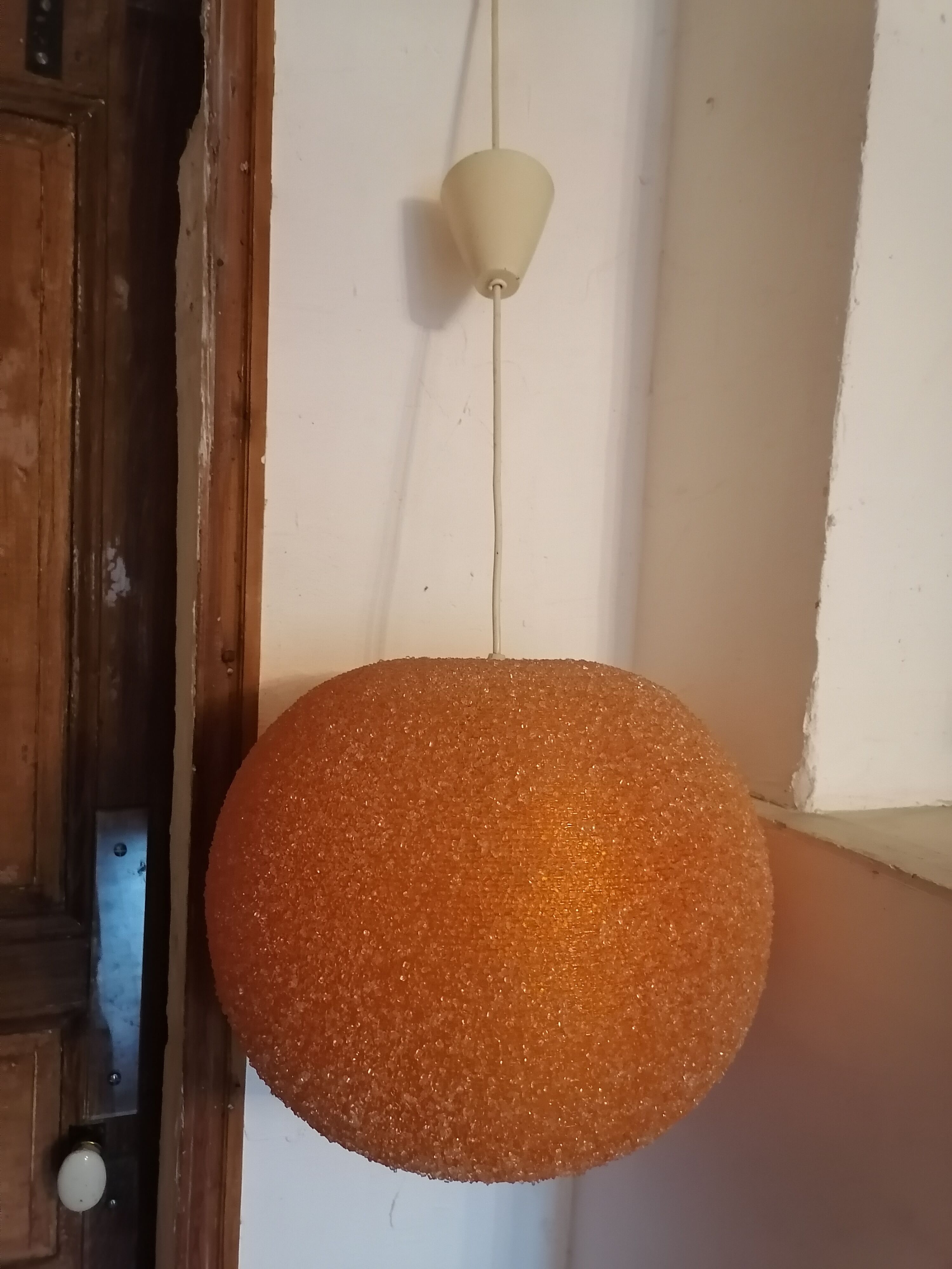Orange granular resin ball pendant light, 1970