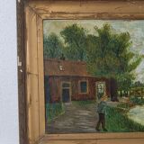 Peinture ancienne signée et datée, paysage animé, peinture à l’huile sur panneau de bois