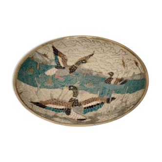 Vintage brass and enamel cloisonné dish with duck in a pond