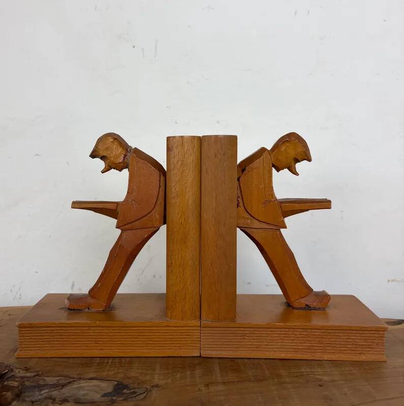 Vintage Mid-Century Cubist German Carved Wood Bookends – Art Deco Style