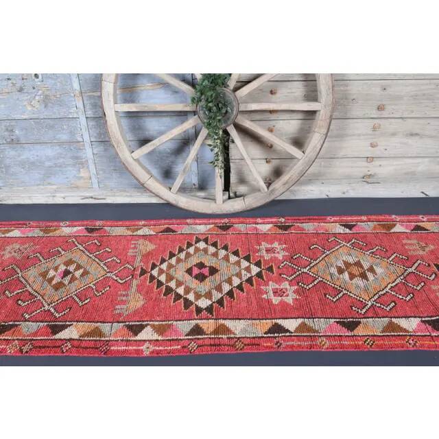 Vintage Turkish Oushak Handmade Wool Cotton Pink Runner Rug 86x362