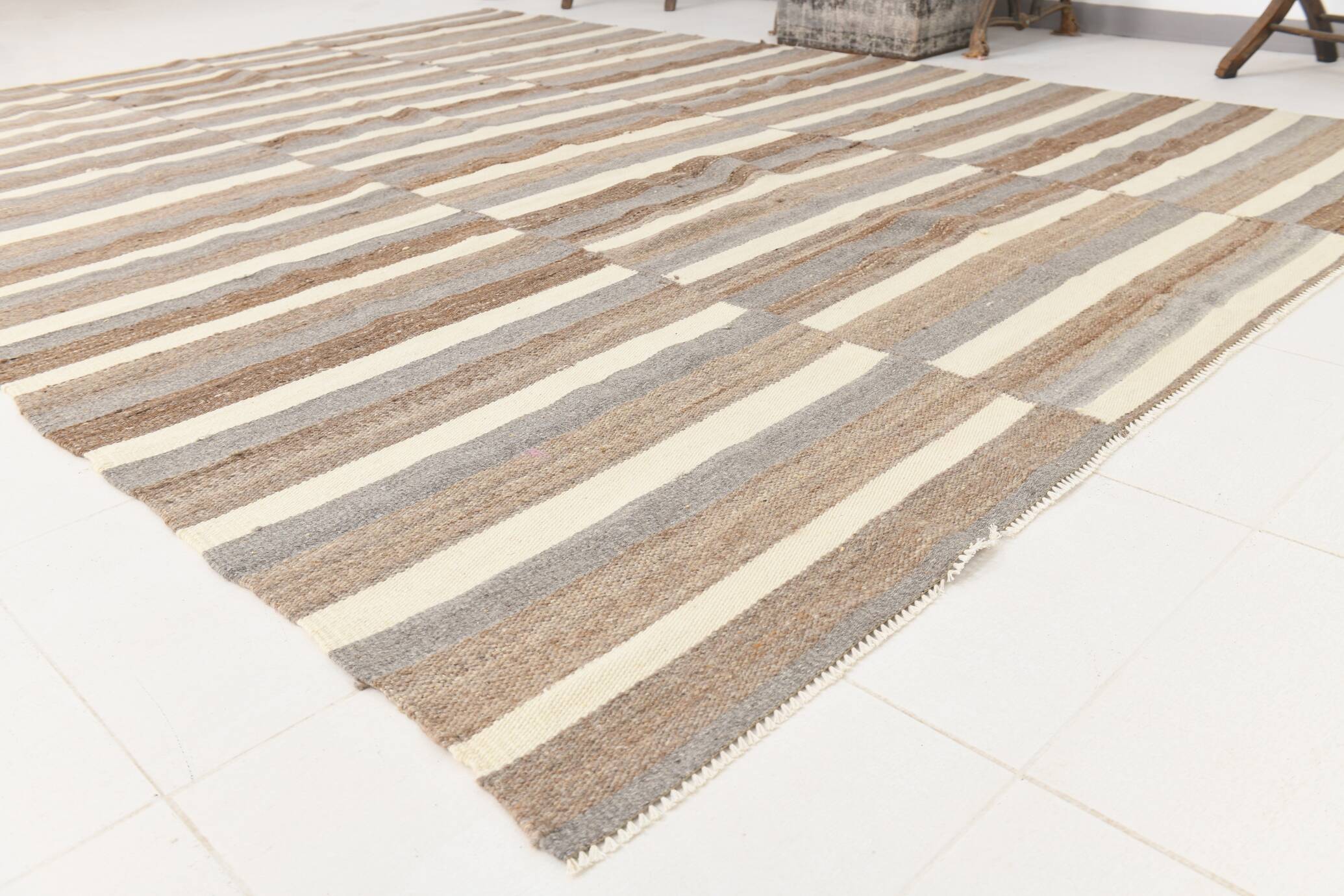 Contemporary Brown & Beige Striped Motifs Vintage Kilim Rug, 226x306Cm