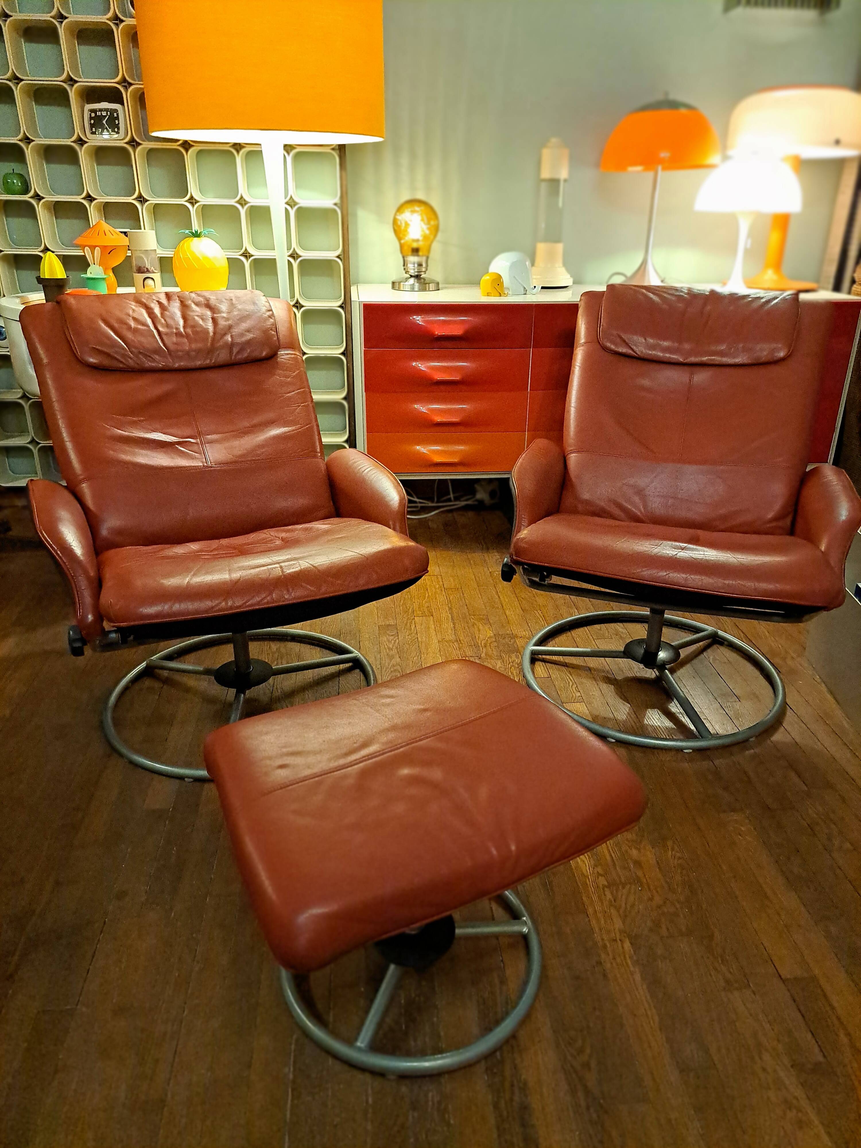 Pair of Lounge Chairs + Malung Leather Ottoman from the 90's