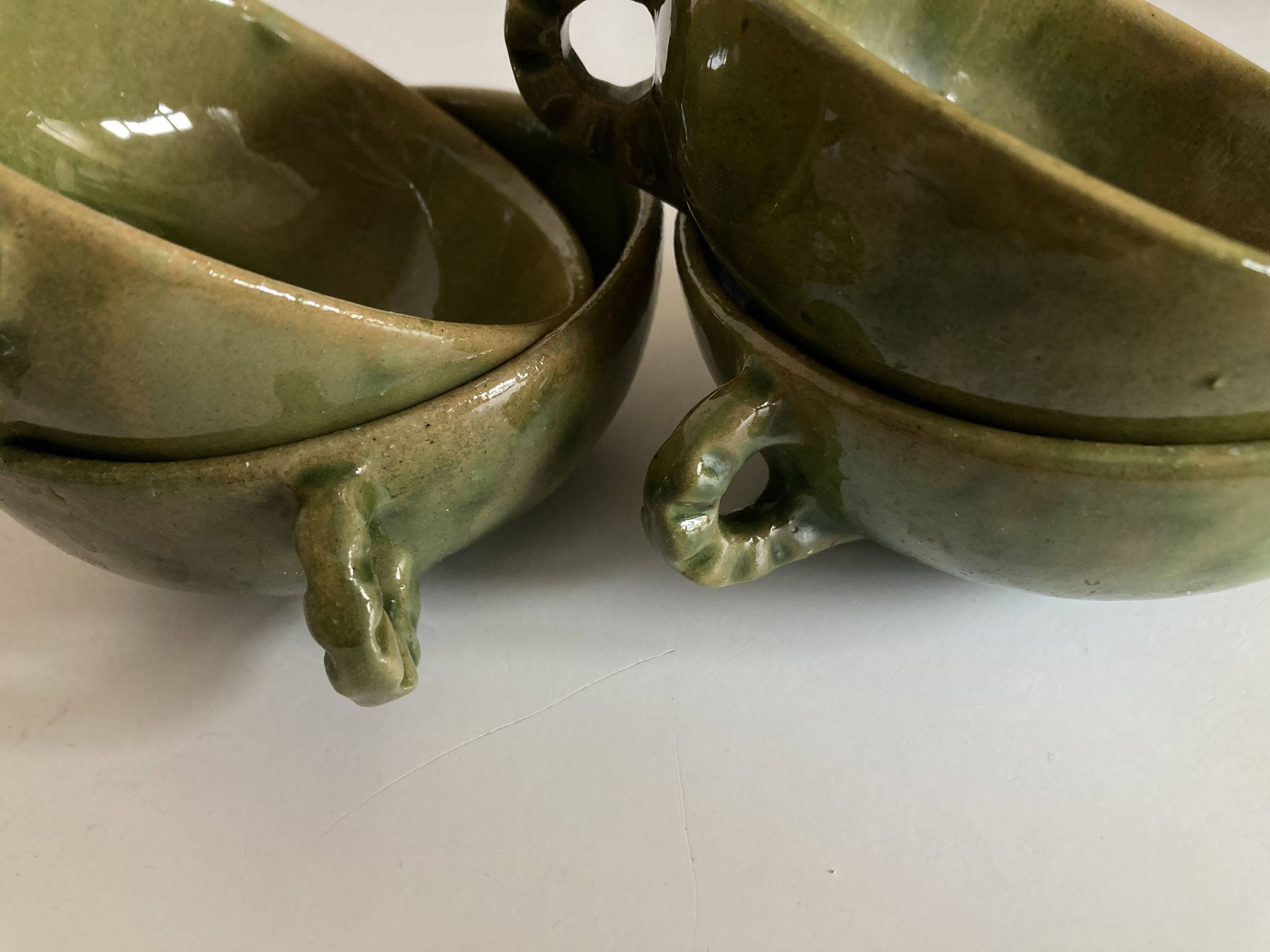 4 green glazed earthenware bowls with handles from Biot, 1960