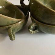 4 green glazed earthenware bowls with handles from Biot, 1960