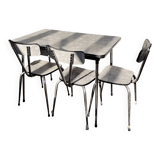 Formica table with marble motif, with drawer and its 3 chairs.