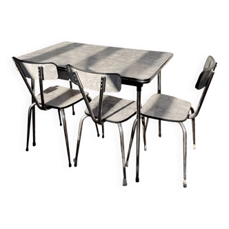 Formica table with marble motif, with drawer and its 3 chairs.