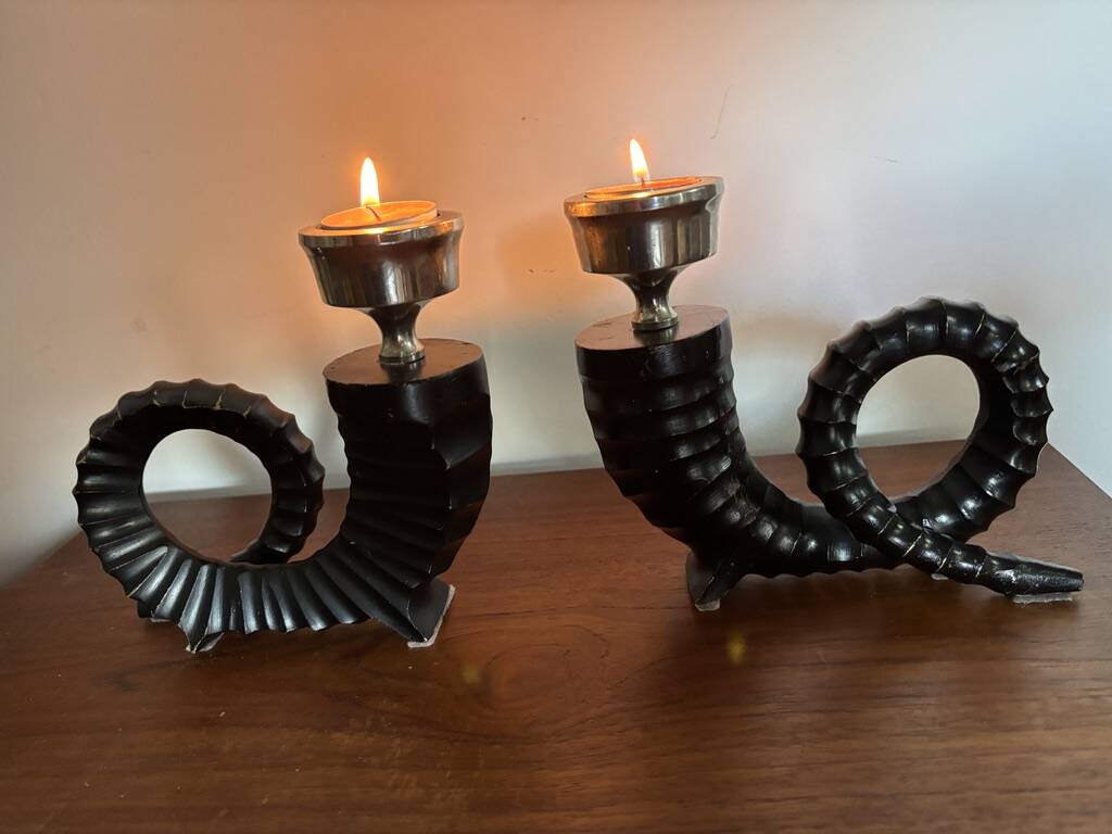 Vintage Bronze Chapman Horn Candlesticks 1970 USA x2