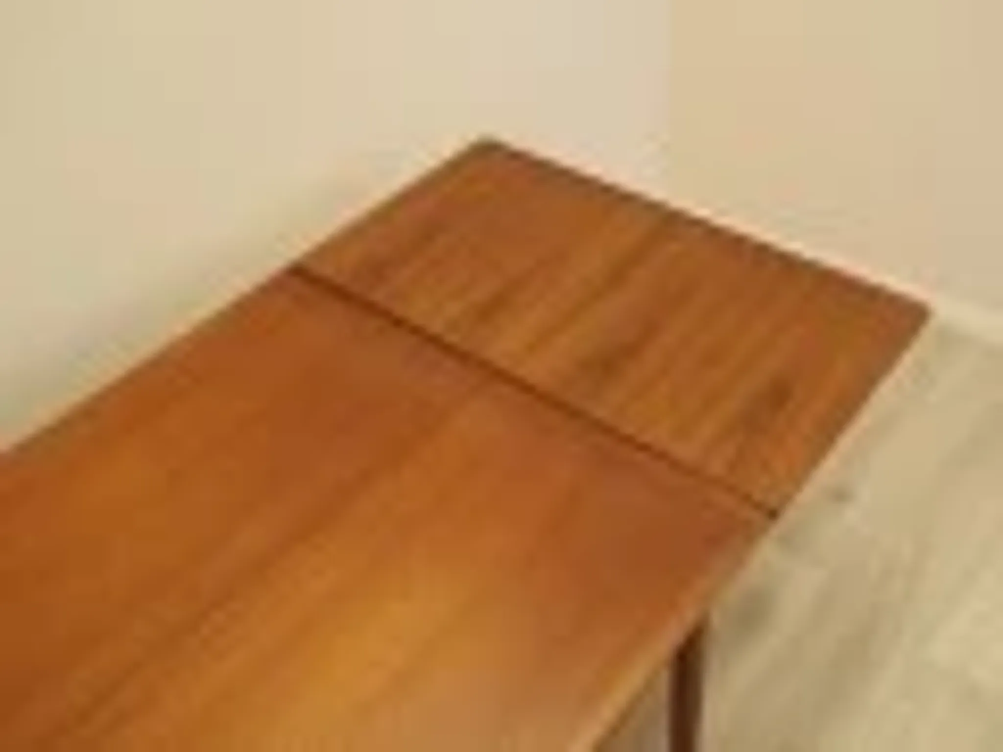 Danish extendable dining table, teak veneer, solid wood legs, leaf storage, 1970s