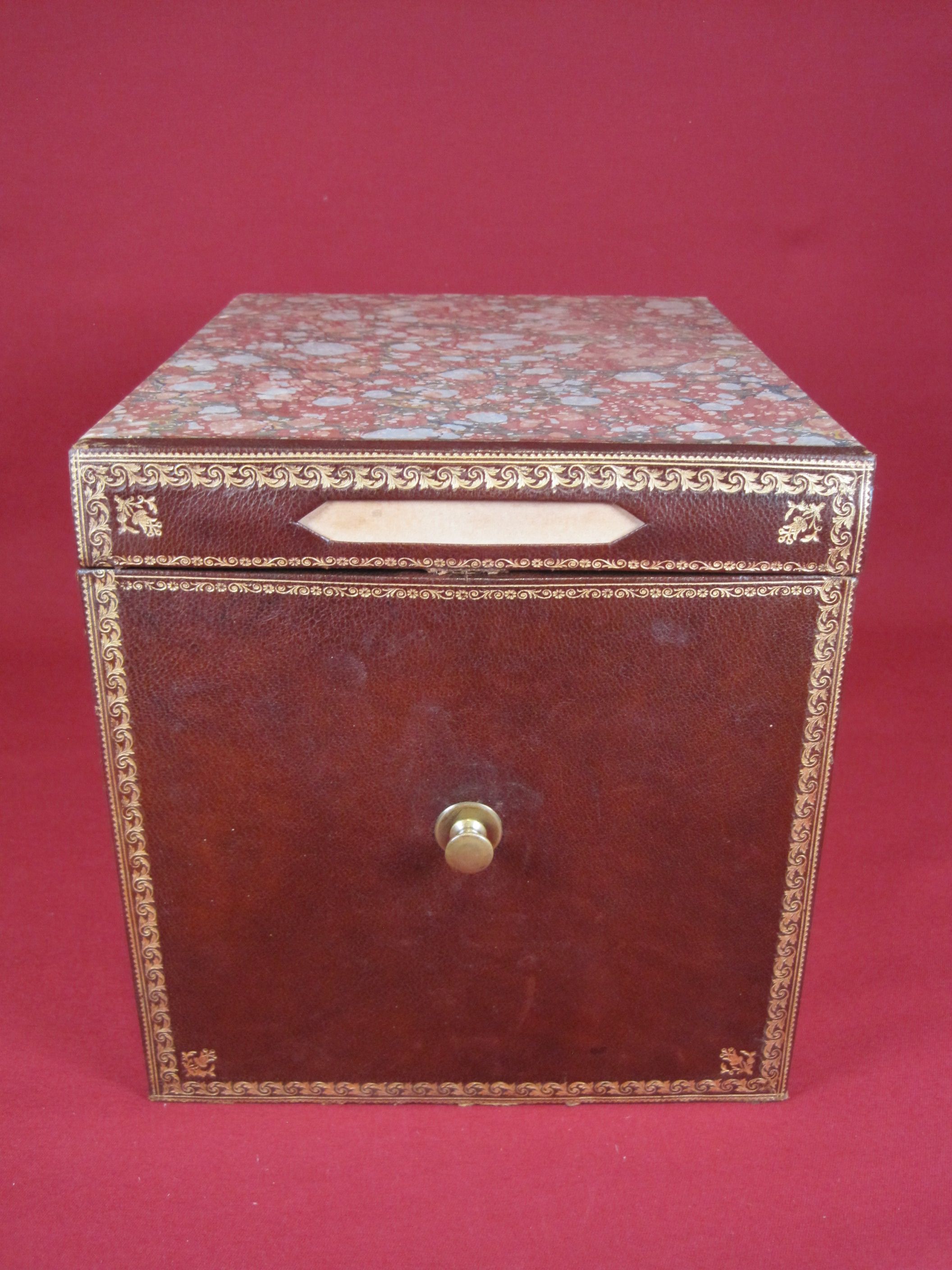 Old notary archive box in wood & leather, Office furniture early XX th