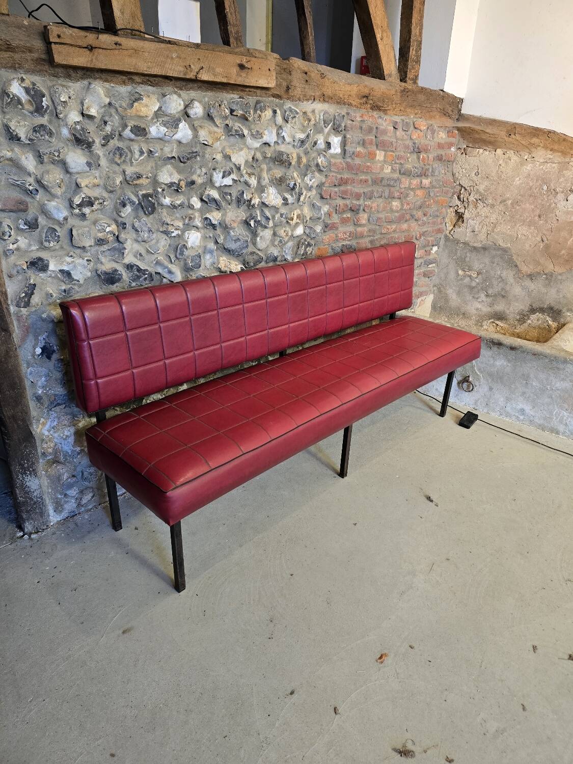 1960s double bistro bench in buttoned burgundy red skai