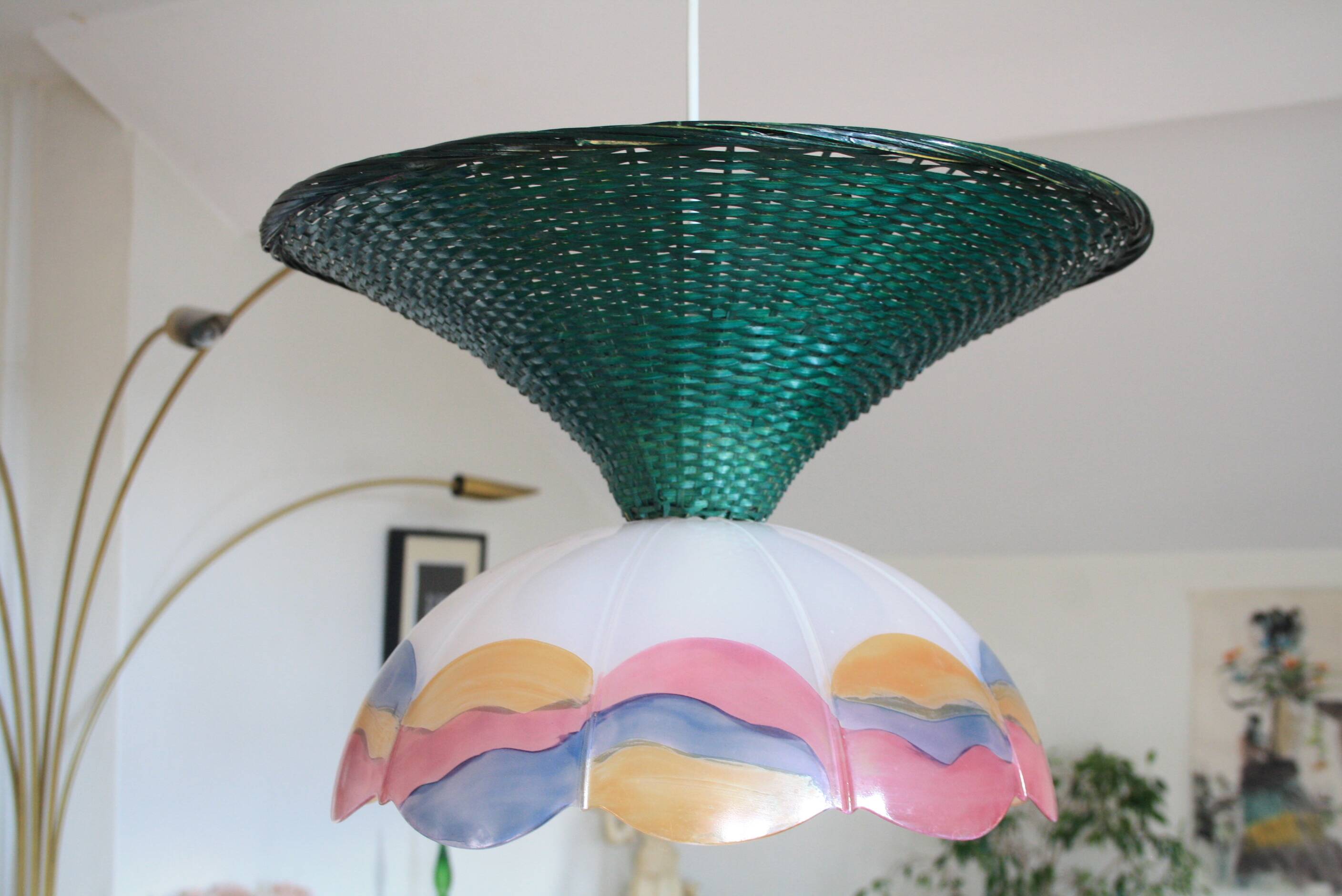 Suspension osier/rotin & verre vintage