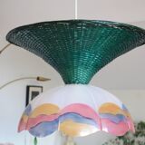 Suspension osier/rotin & verre vintage