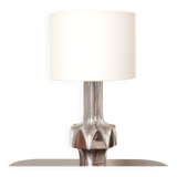 Sculptural lamp in silver cast iron, white lampshade, 70s