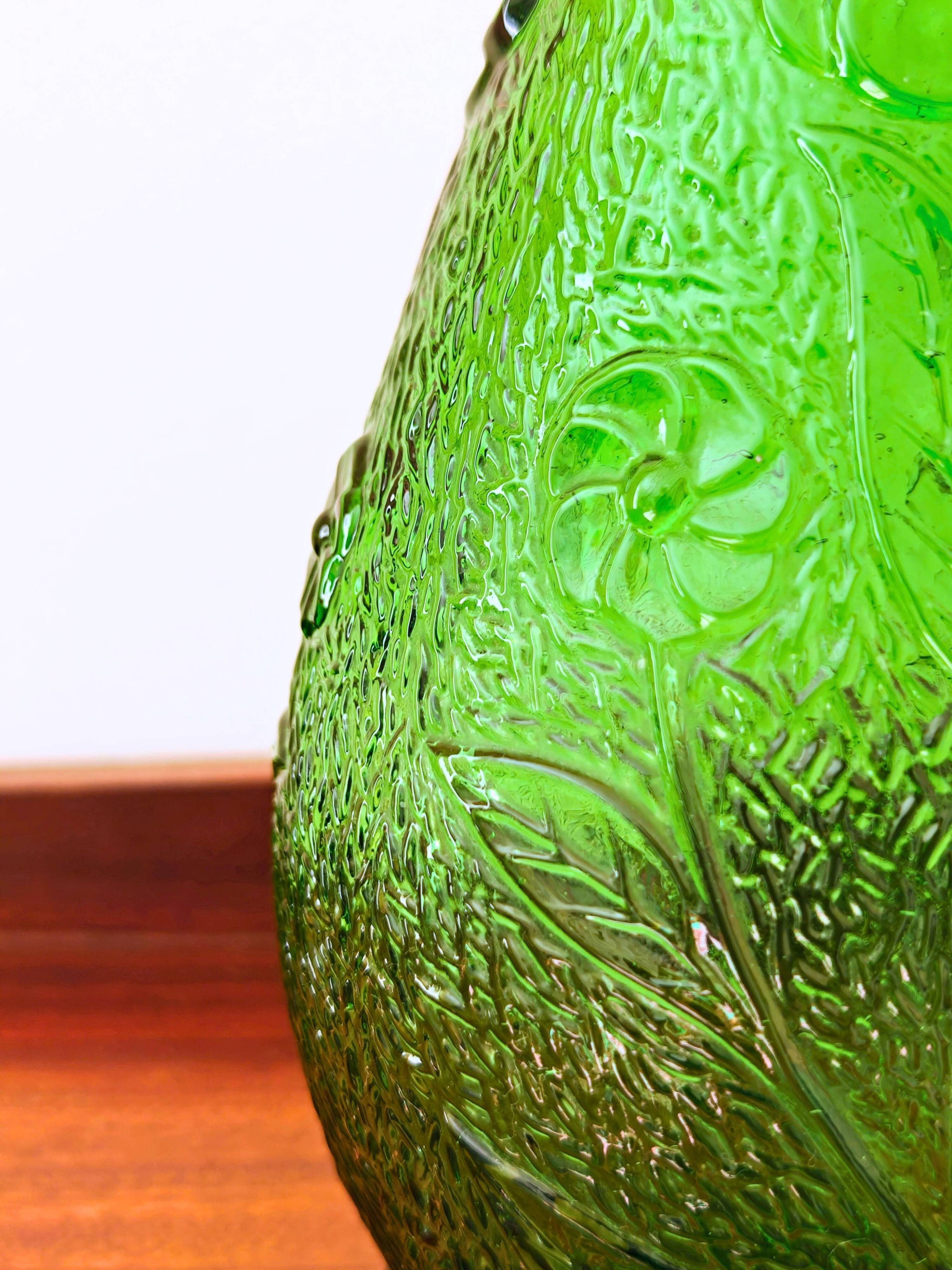 Constantin Vase Made in Italy vintage green glass with floral relief