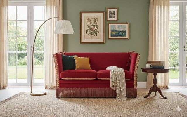 Knole Vintage Canapé in Red Velvet with Floral Cushions, 1950s
