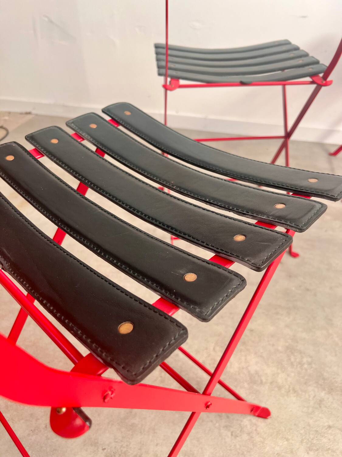 Set of 4 folding leather and metal chairs Italian design Zanuso for Zanotta Celestina vintage