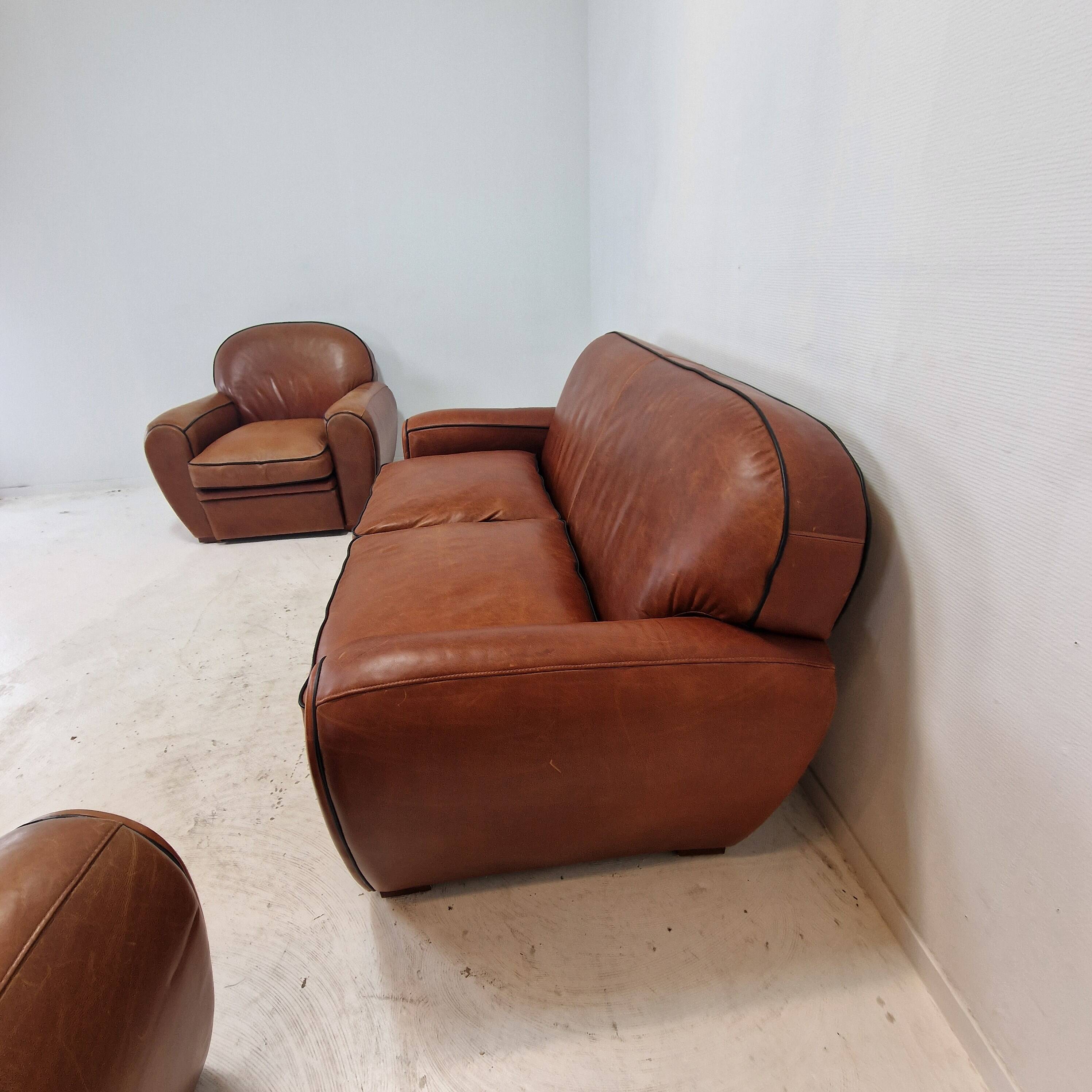 Set of 2 Club Chairs and 1 Sofa in Saddle Leather by Jan Frantzen, Netherlands