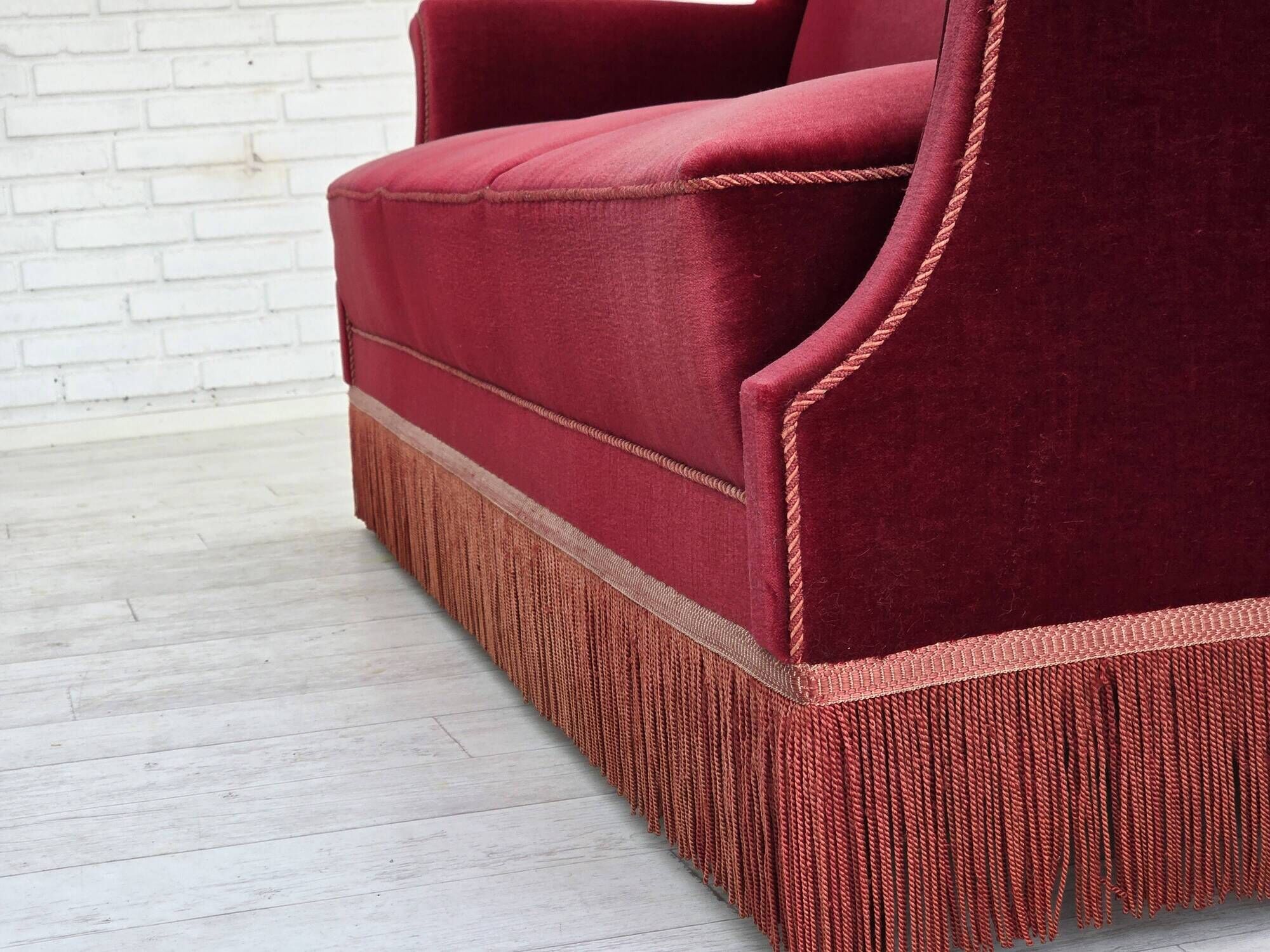 1960s, Danish 3-seater sofa, cherry-red furniture velour, ash wood.