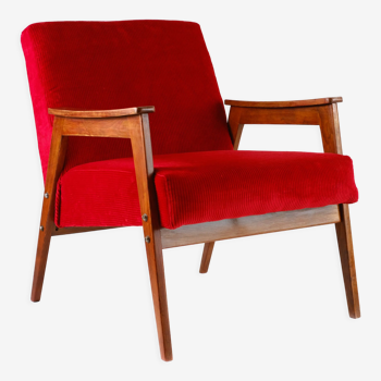 Fauteuil vintage rouge vif, velours côtelé, bois massif, années 60 / 70, livraison gratuite