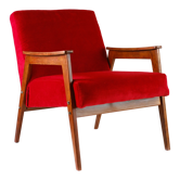 Fauteuil vintage rouge vif, velours côtelé, bois massif, années 60 / 70, livraison gratuite