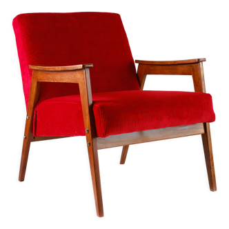 Bright red vintage armchair, corduroy corduroy , solid wood, 60s / 70s, free shipping