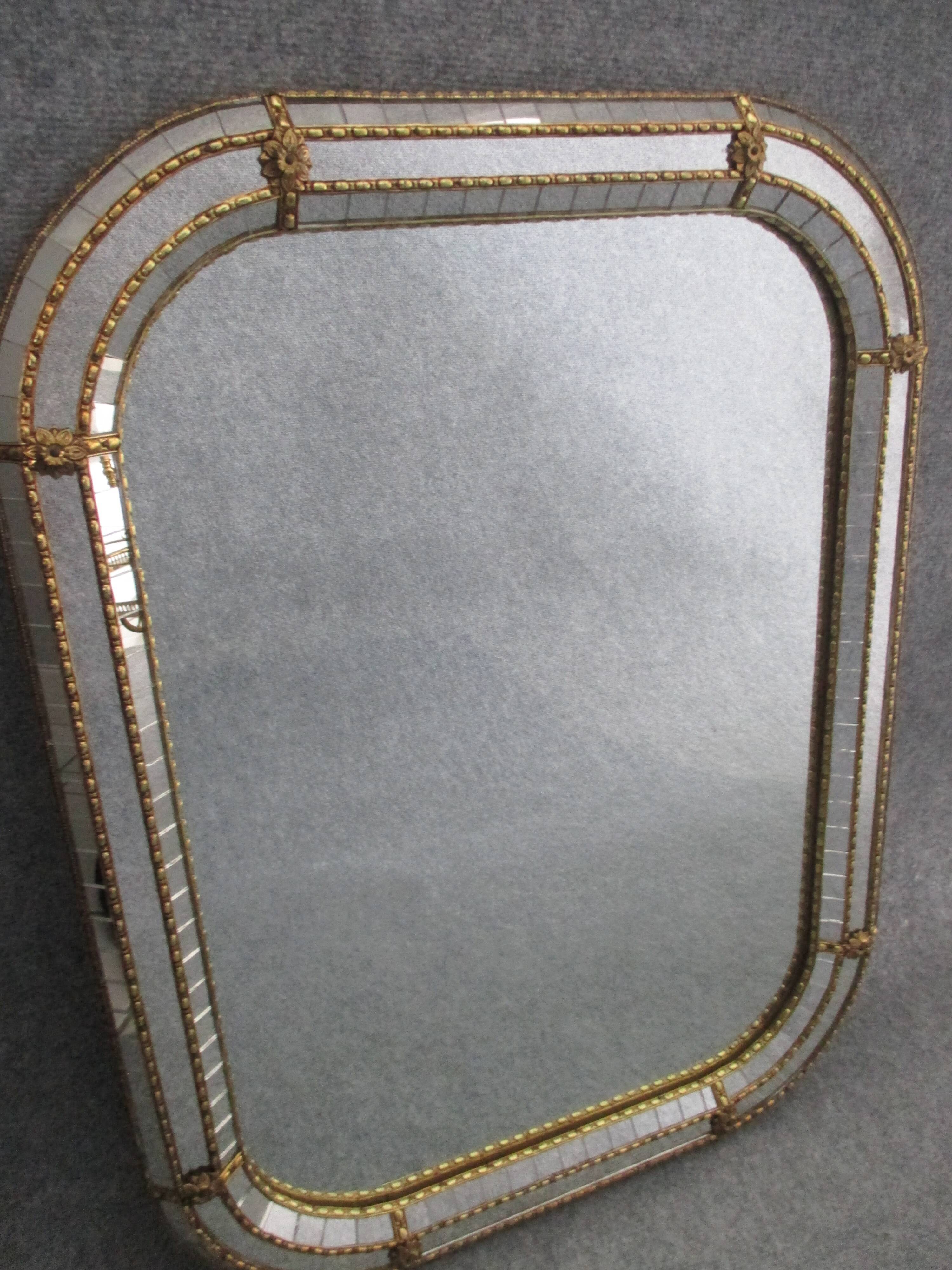 Miroir a facettes et parcloses laiton 1930/1950 - 64x81cm