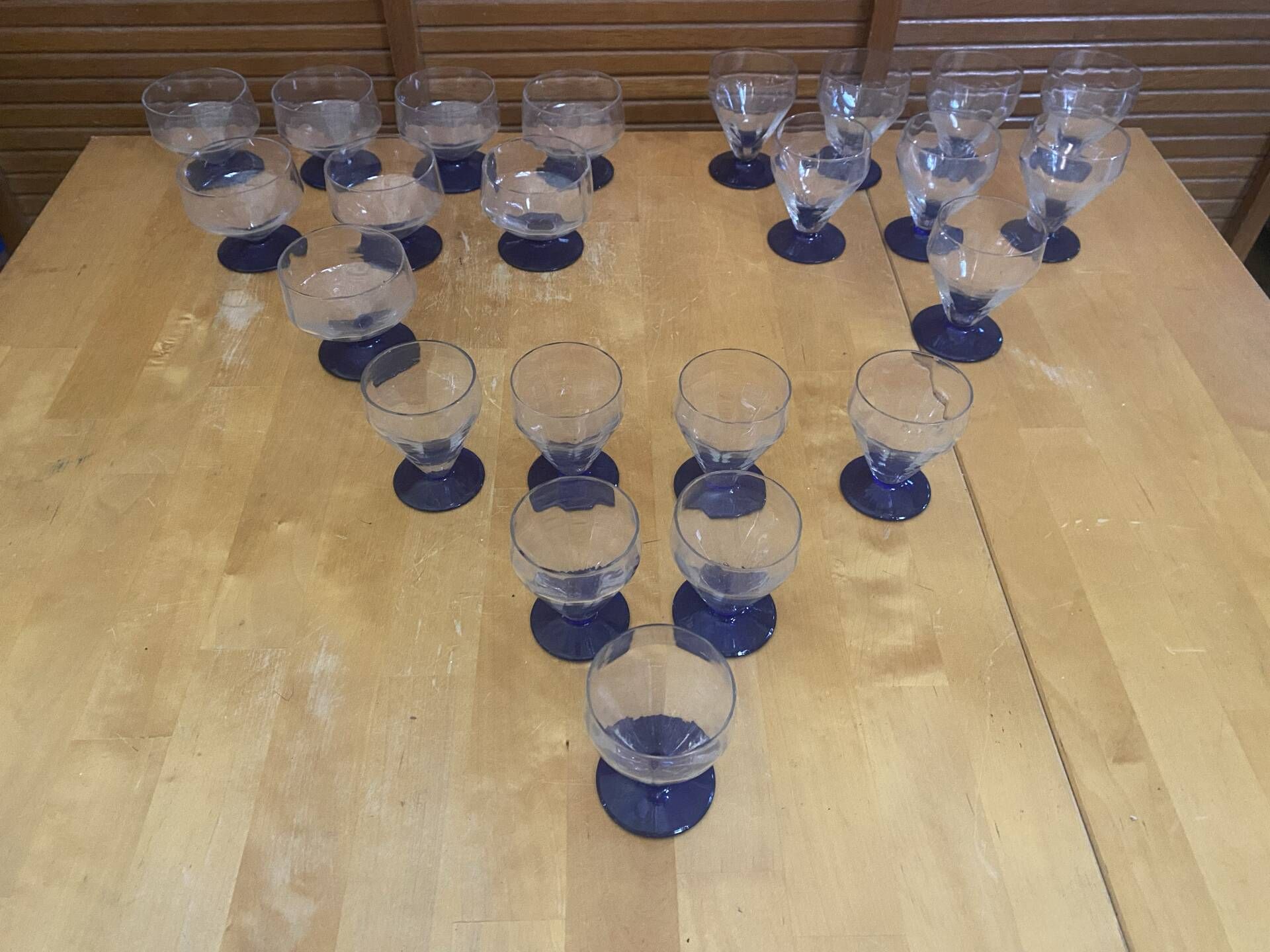 Set of 23 Stemmed Glasses Transparent Glass + Cobalt Blue Stems Vintage