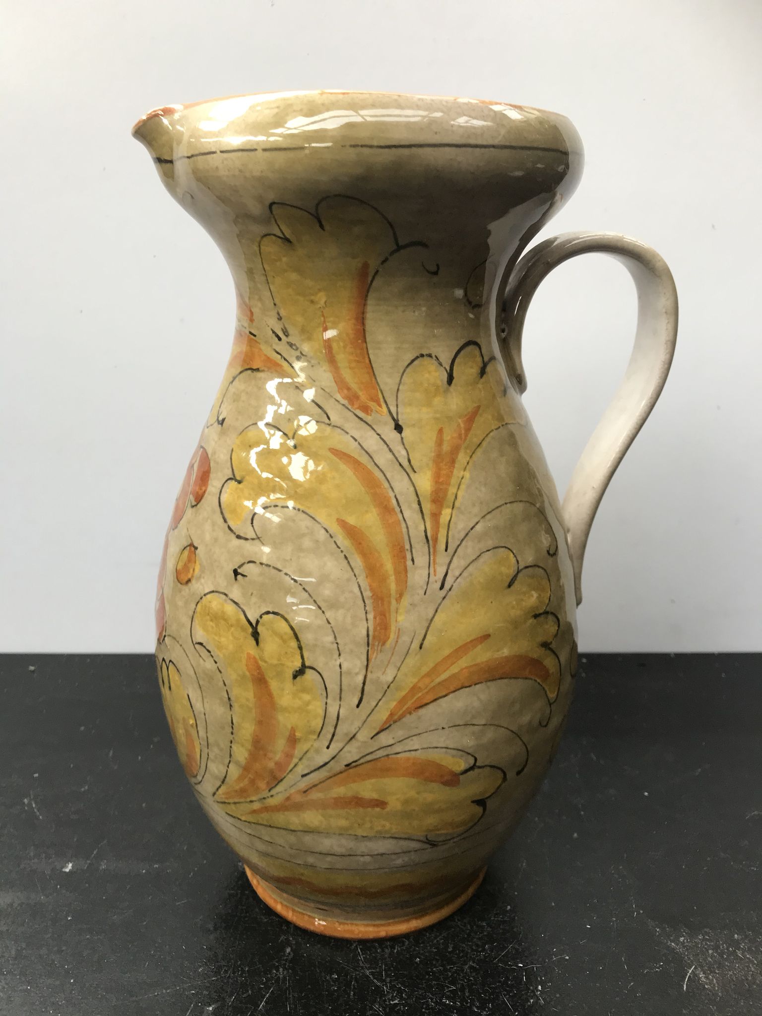 Ancien pichet tiam céramique beige décor fleurs vintage