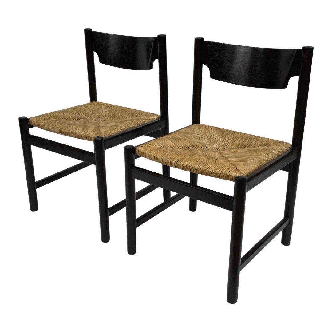 4 vintage dining room chairs with braided seat in wenge wood, 1970s