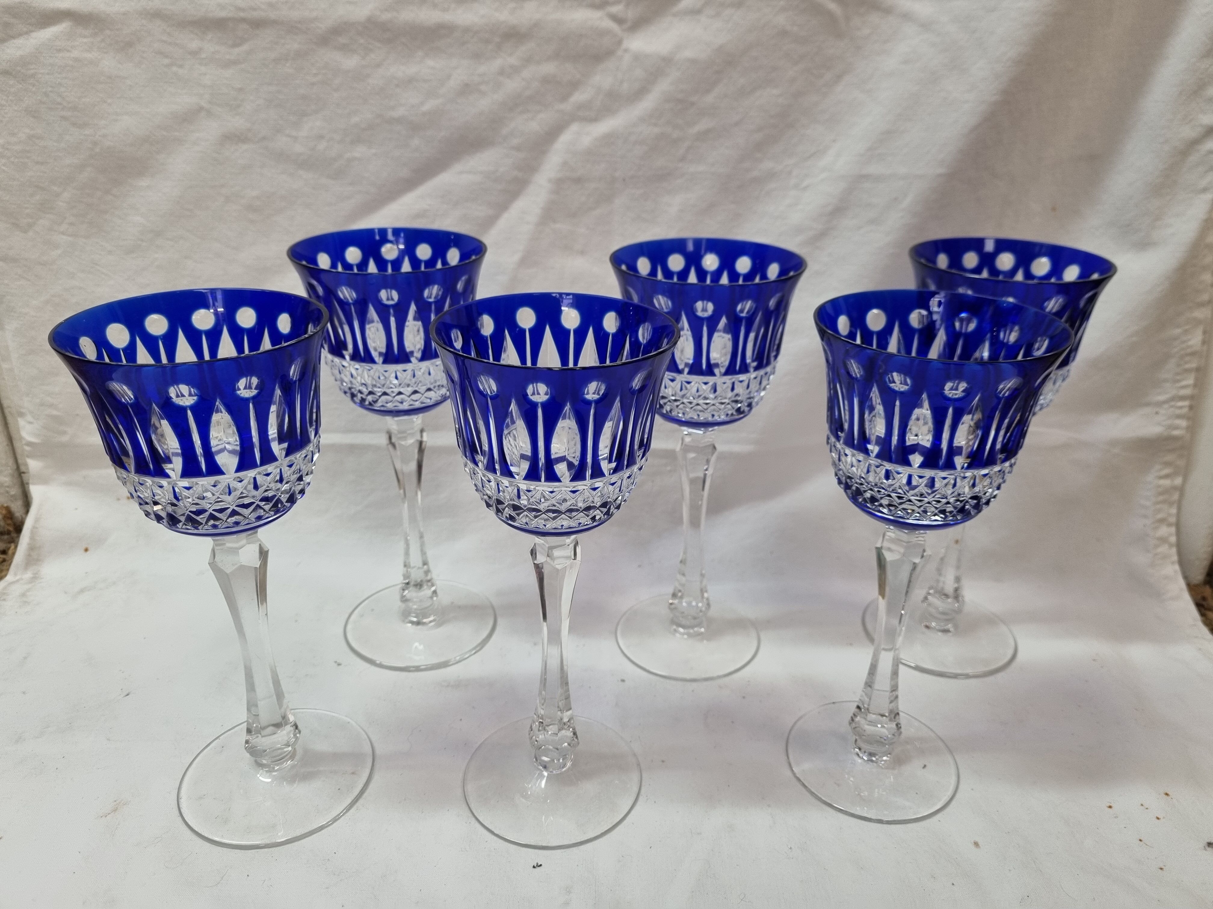 6 crystal blue foot glasses St Louis, 1970-80