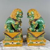 Pair of Guardian Lions in Glazed Ceramic, China, 20th Century