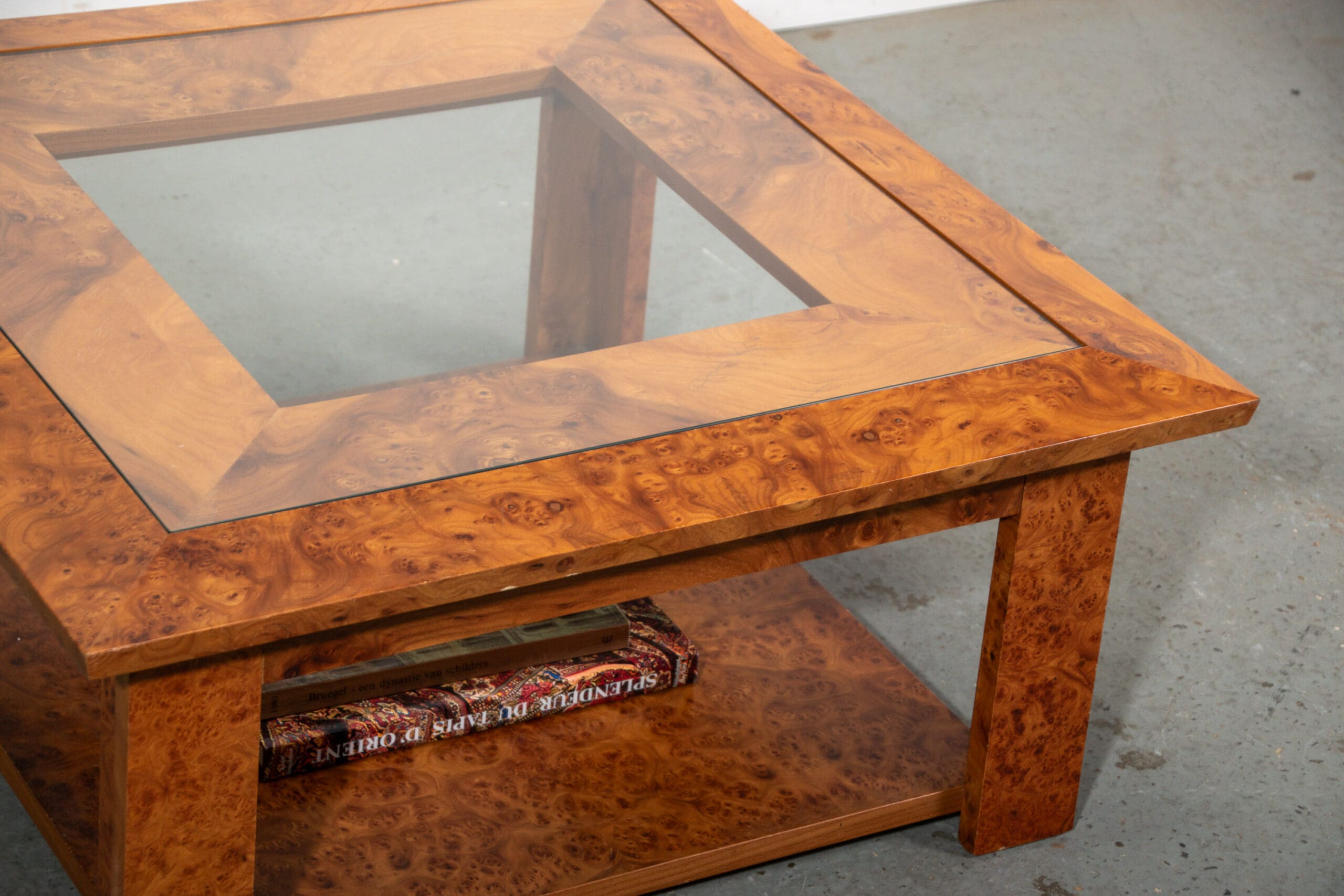 Walnut burl and glass coffee table circa 1980