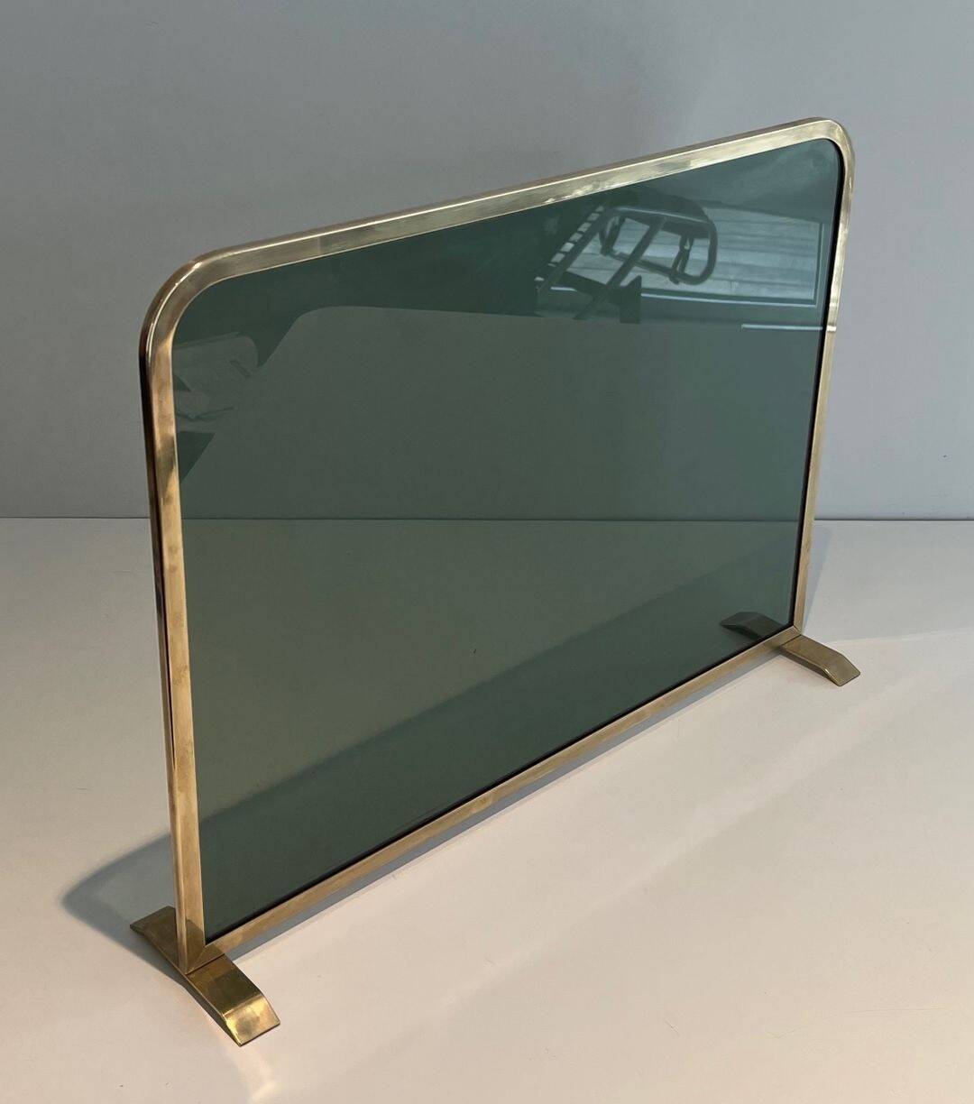 Single Panel Fire Screen in Tinted Green Glass with Brass Frame