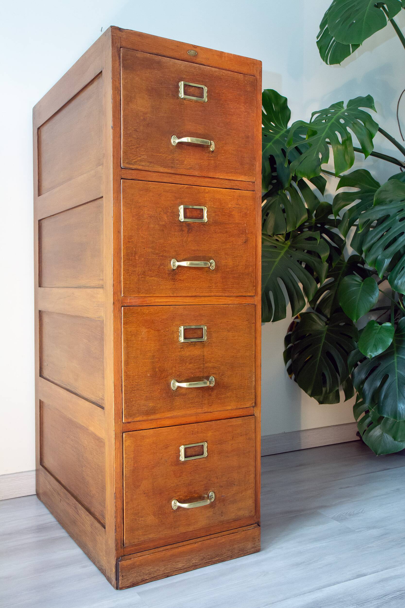 Old file cabinet, oak and brass, early 20th century