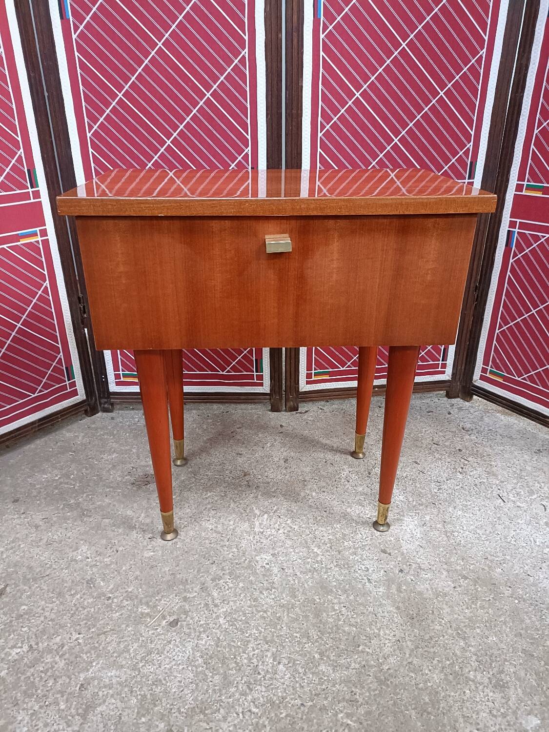 Vintage bedside table, mahogany veneer and tapered legs